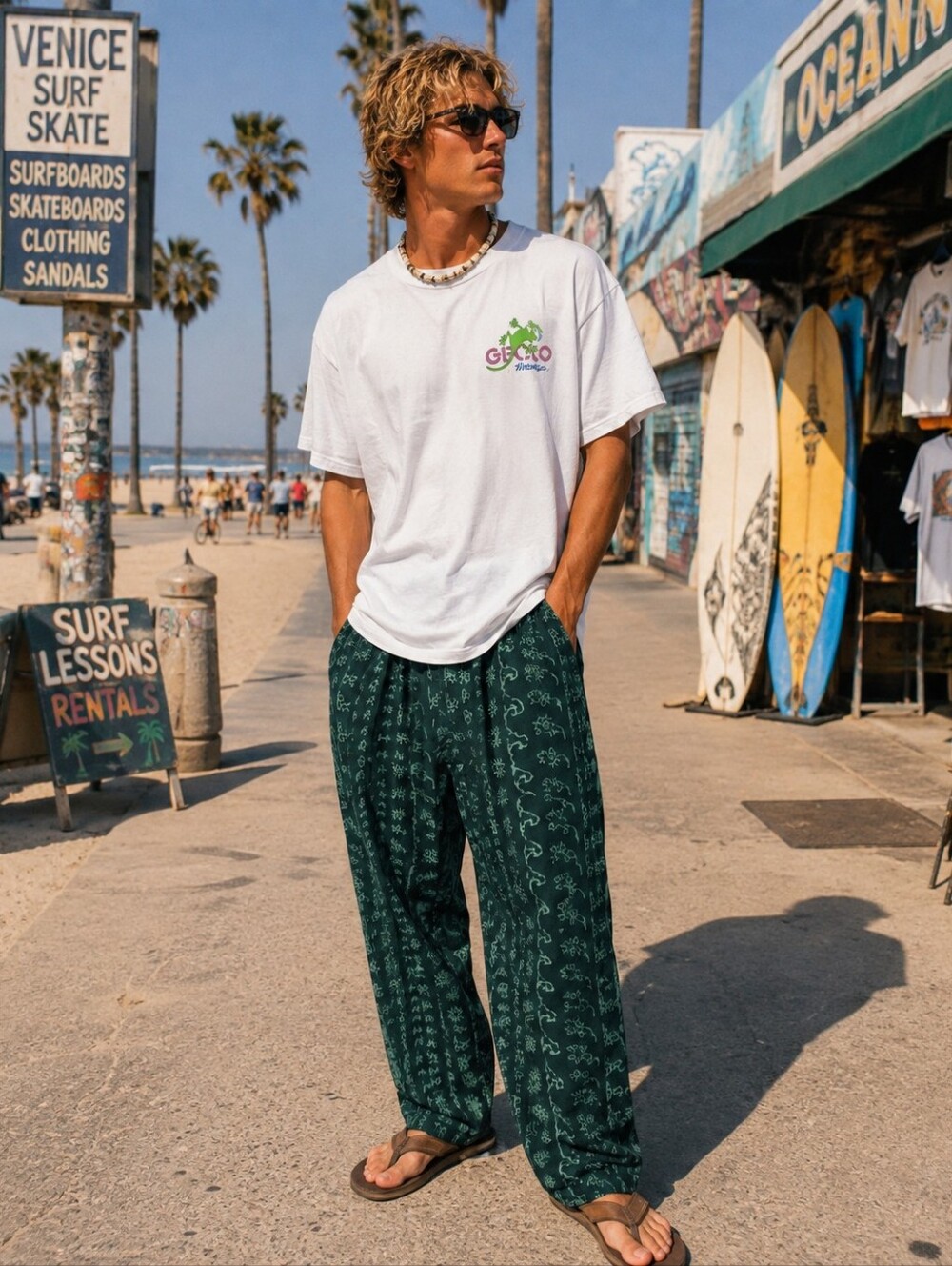 VTG Gecko Hawaii Wave Beach Pants Mens S Green Abstract Gecko Wall 80s 90s Surf